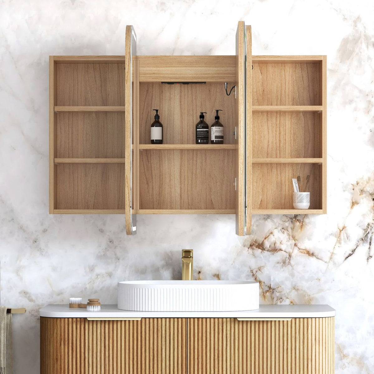 LED NEWPORT Woodland Oak Soft Square Shaving Cabinet (Optional Size)