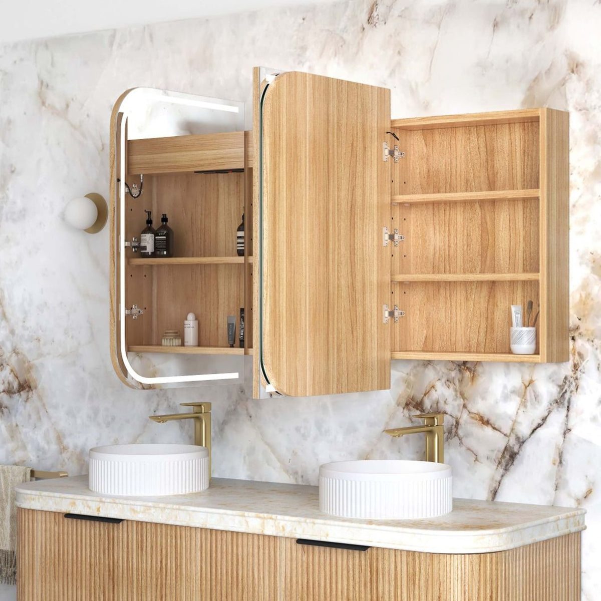 LED NEWPORT Woodland Oak Soft Square Shaving Cabinet (Optional Size)