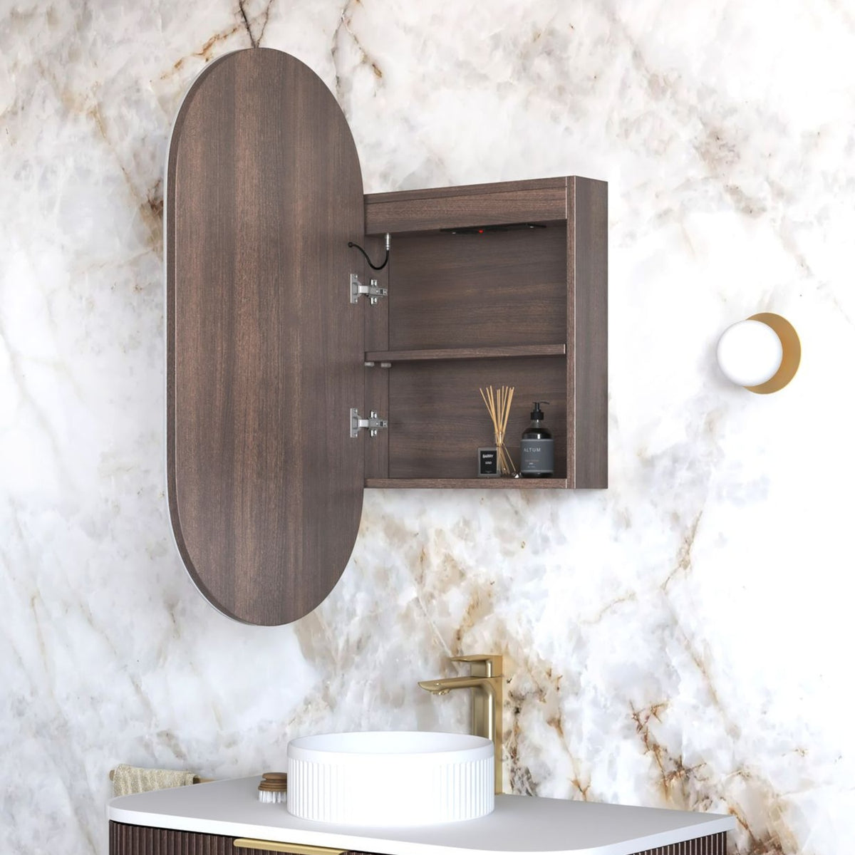NOOSA Sable Walnut Front-Lit LED Oval Shaving Cabinet (W450xH900mm)