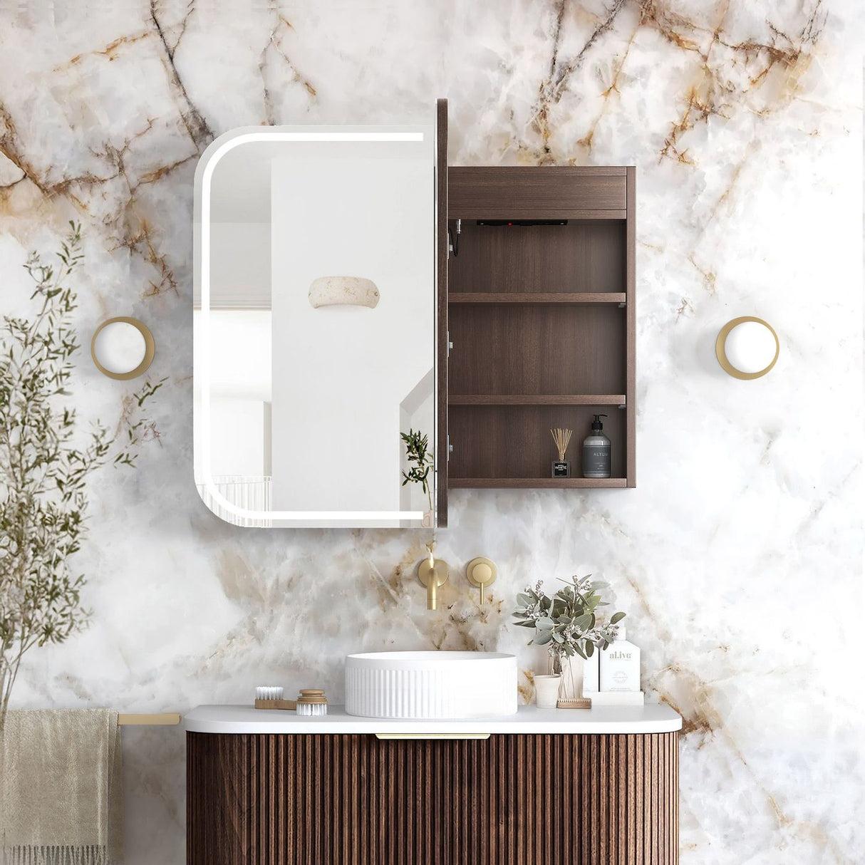 NEWPORT Sable Walnut Front-Lit LED Soft Square Shaving Cabinet (Optional Sizes)