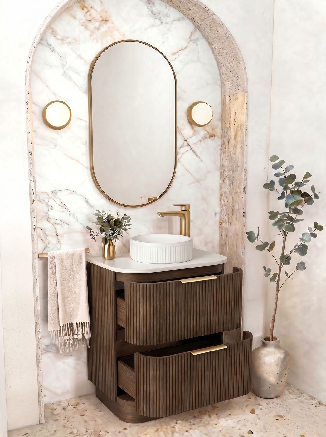 HAVANA Fluted Curved Floor Standing Vanity Sable Walnut (All Sizes)