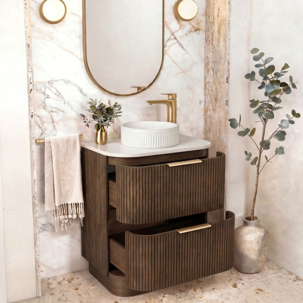 HAVANA Fluted Curved Floor Standing Vanity Sable Walnut (All Sizes)