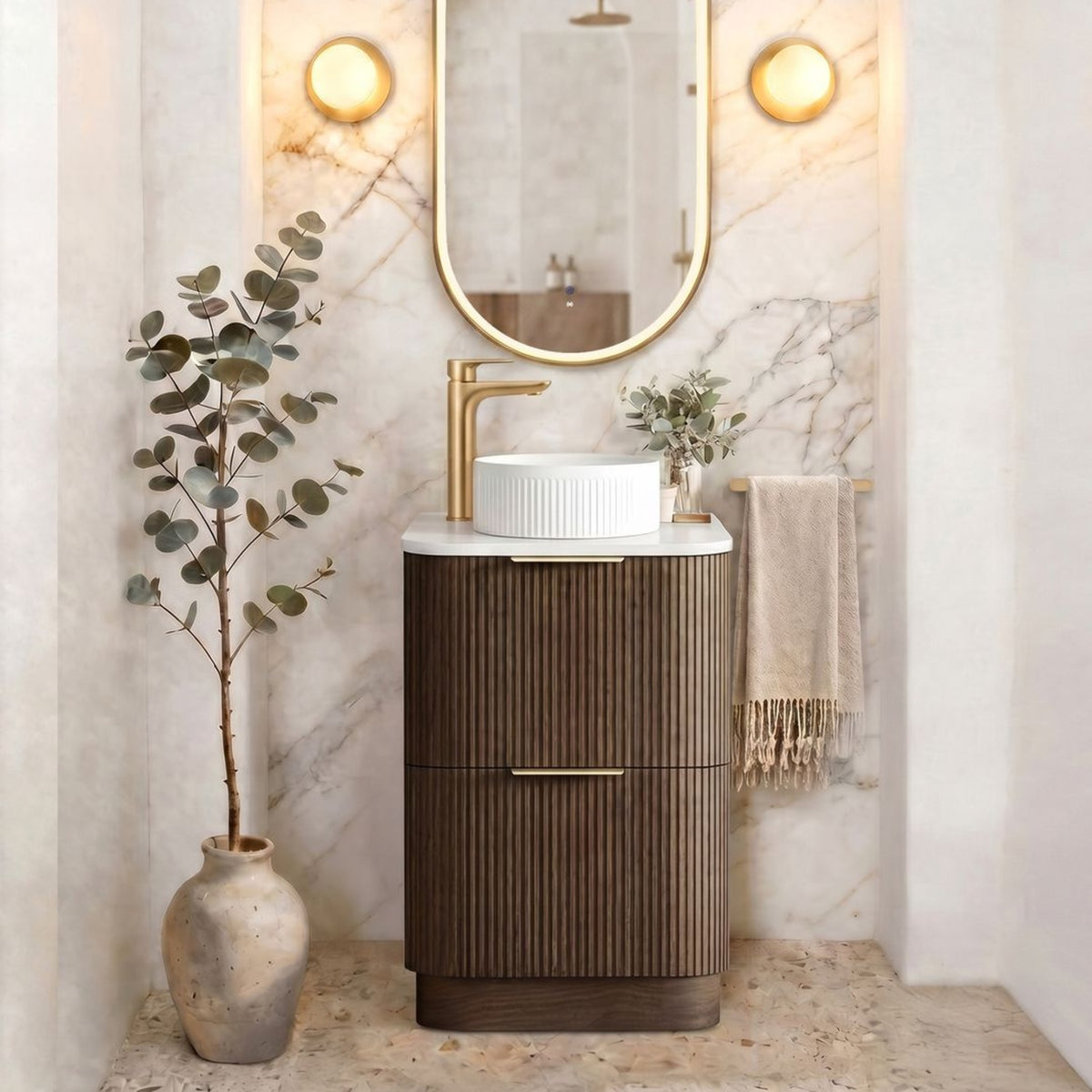 HAVANA Fluted Curved Floor Standing Vanity Sable Walnut (All Sizes)
