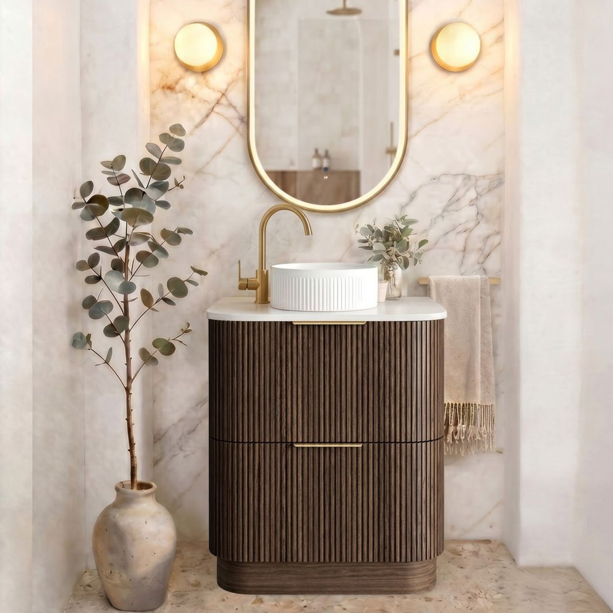HAVANA Fluted Curved Floor Standing Vanity Sable Walnut (All Sizes)
