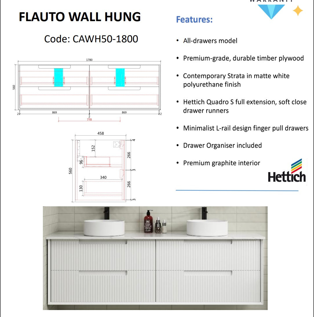 FLAUTO Wall Hung Vanity Matte White (All Sizes)