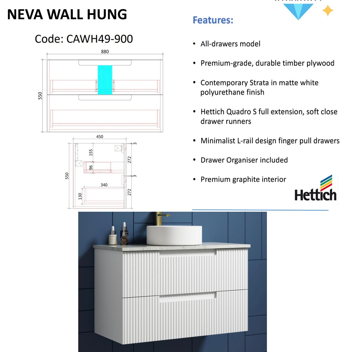 NEVA Wall Hung Vanity Matte White (All Sizes)