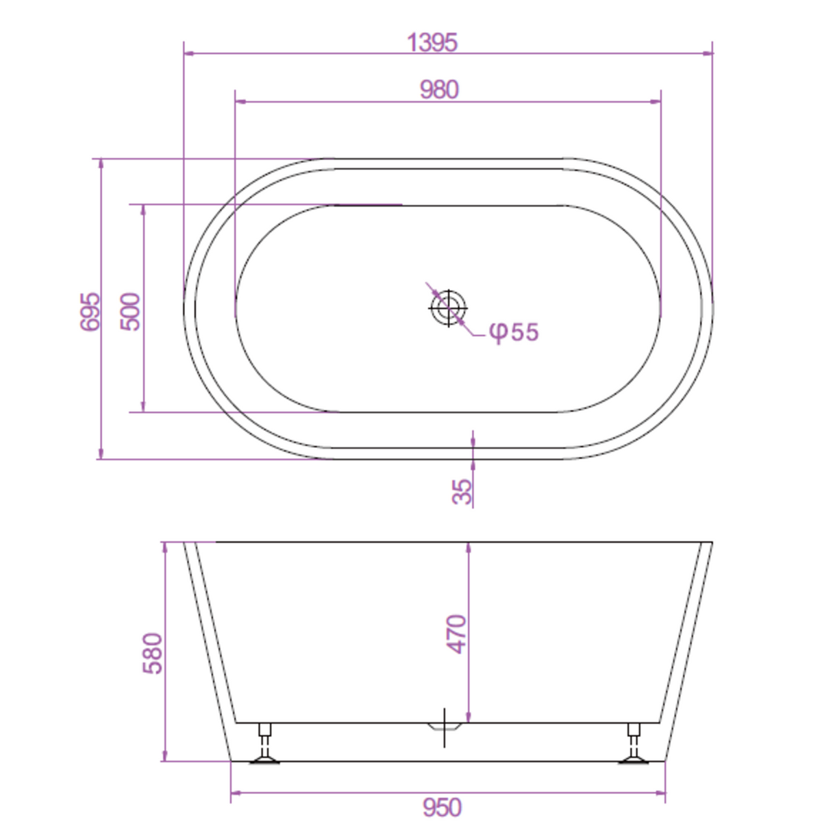 SHANTY Free-Standing Bathtub Without Overflow (Gloss White) (Optional Sizes)