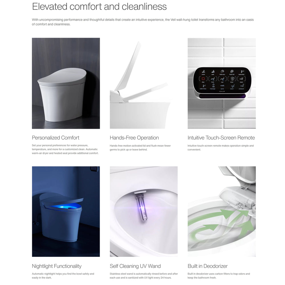 KOHLER Veil Intelligent Rimless Wall Faced Toilet With Bluetooth Remote Bidet Package Elongated Gloss White