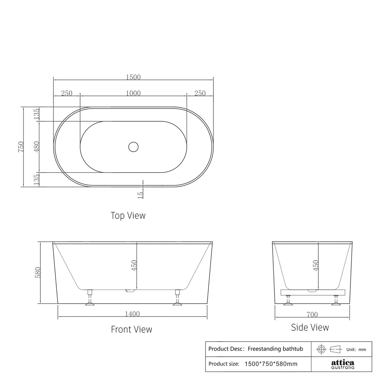 NOOSA Freestanding 1700/1500mm Non-Overflow Bathtub