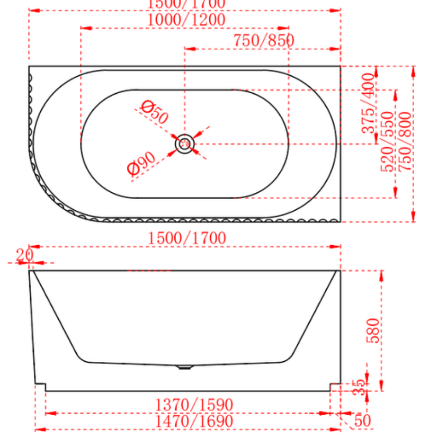 ROMA Corner Back to Wall Bathtub with Non-Overflow (Gloss White/Matte White) (Right/Left Corner)(1500/1700)