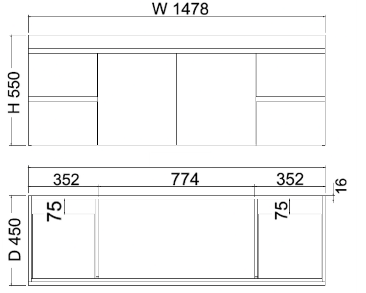 ABS MF Light American Oak Single Bowl Wall Hung Vanity 1500mm-drawing
