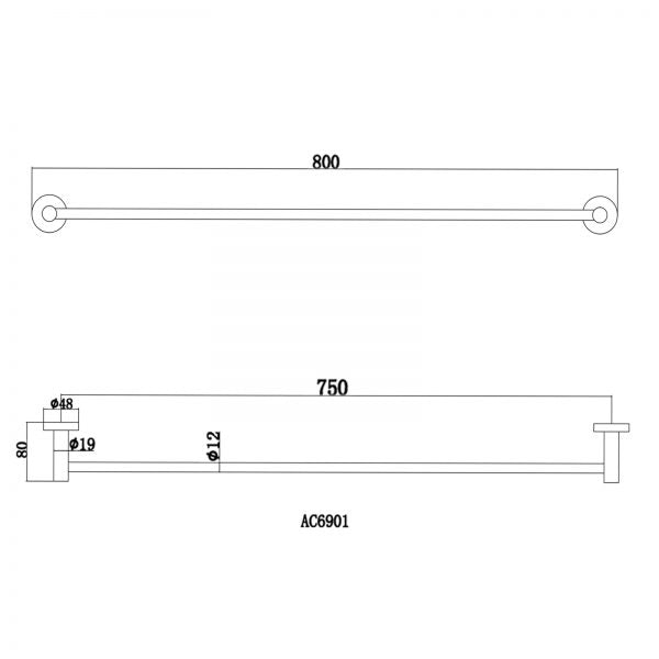 Pentro Single Towel Rail 800mm - Brushed Gold Technical Drawing