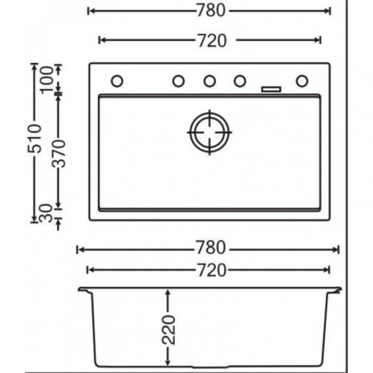 Black Carysil Granite Single Bowl Kitchen Sink - 780x510x220mm