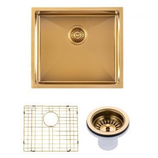 Brushed Brass Stainless Steel PVD Single Bowl Kitchen Sink - 500x440x230mm