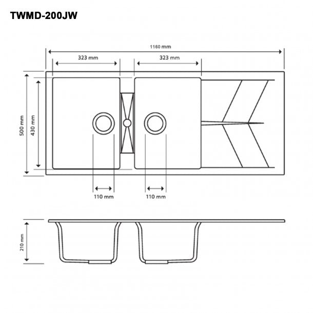 CARYSIL JAZZ White Granite Double Kitchen Sink with Drainboard 1160x500mm