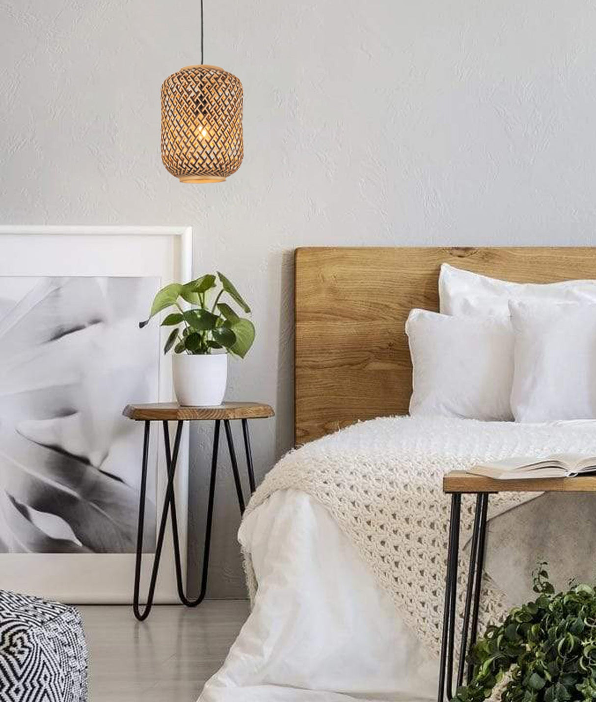CESTA: Bohemian Interior Cylinder Brown/Natural Bamboo Cage Pendant Light