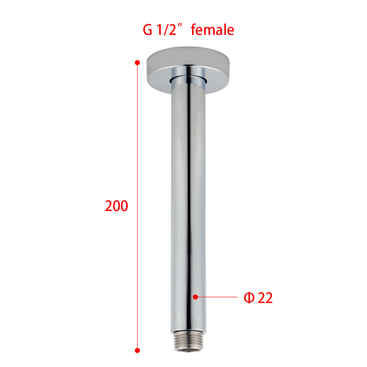 AQU 200mm Ceiling Shower Arm - Chrome Technical Drawing