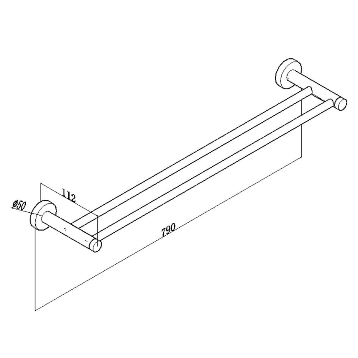 Pentro Double Towel Rail 790mm - Brushed Gold Technical Drawing