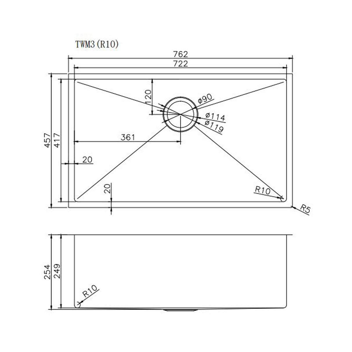 Chrome Stainless Steel Single Bowl Kitchen Sink 762x457x254mm