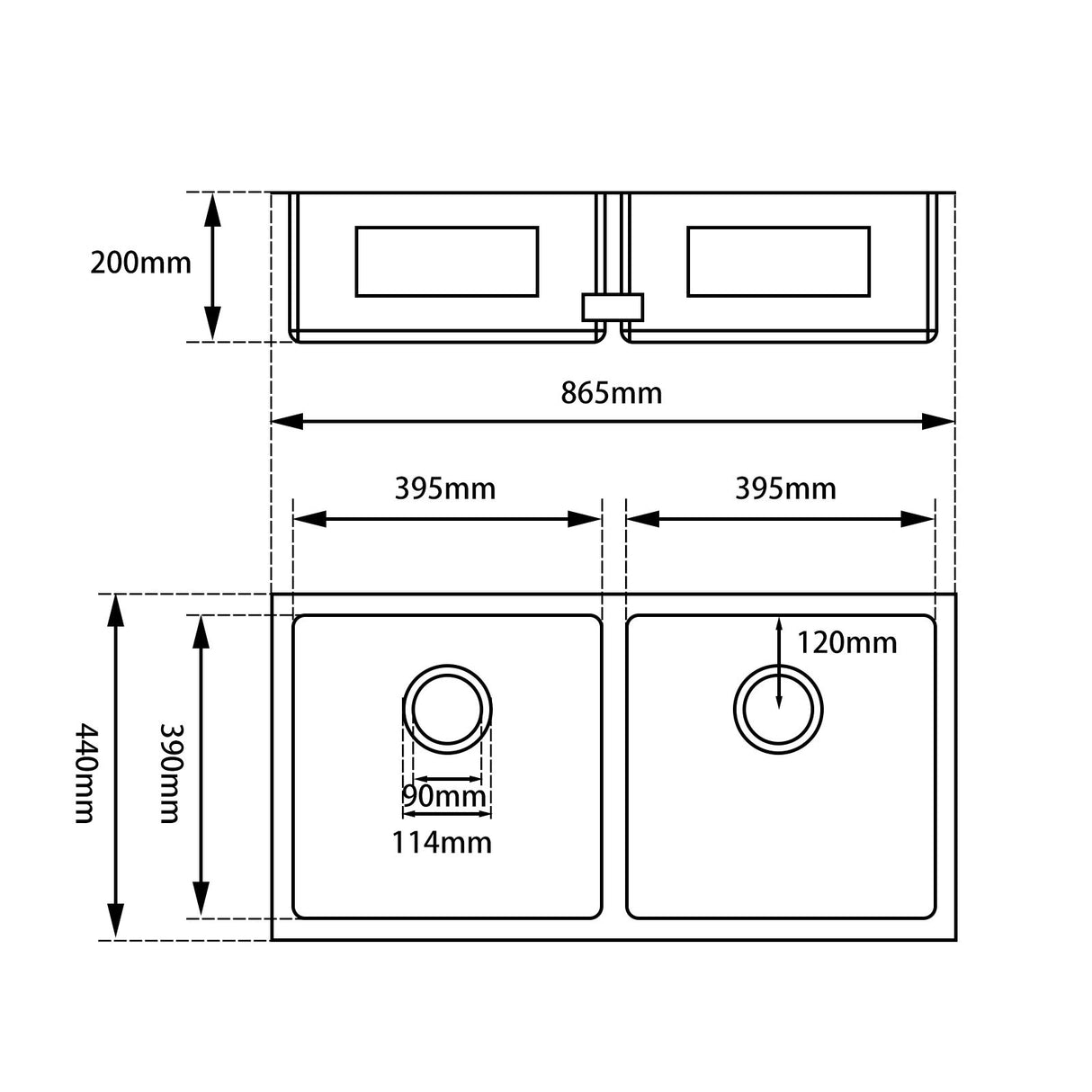 Double Bowl Handmade 304 Stainless Steel Sink 865x440mm