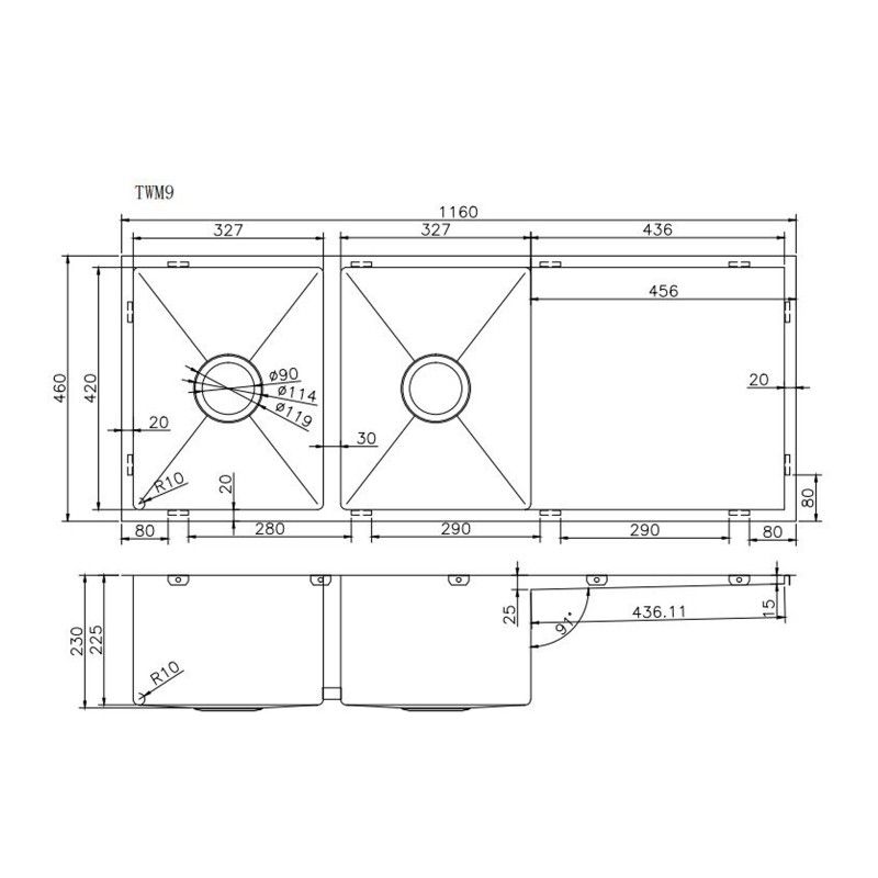 Double Bowl Handmade 304 Stainless Steel Sink II 1160x460x230mm