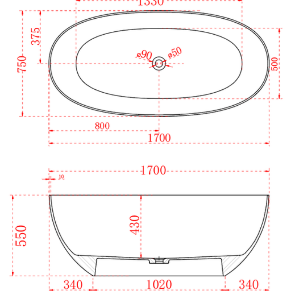 Transparent Noto Oval shape freestanding bathtub with Non-Overflow (1500/1700mm)