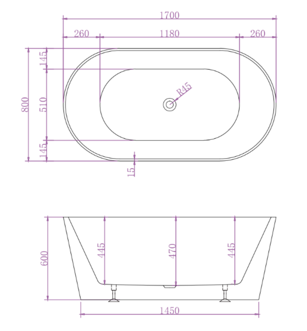 Mia Free Standing Bathtub with Non-Overflow (Matte White) 1500/1700mm