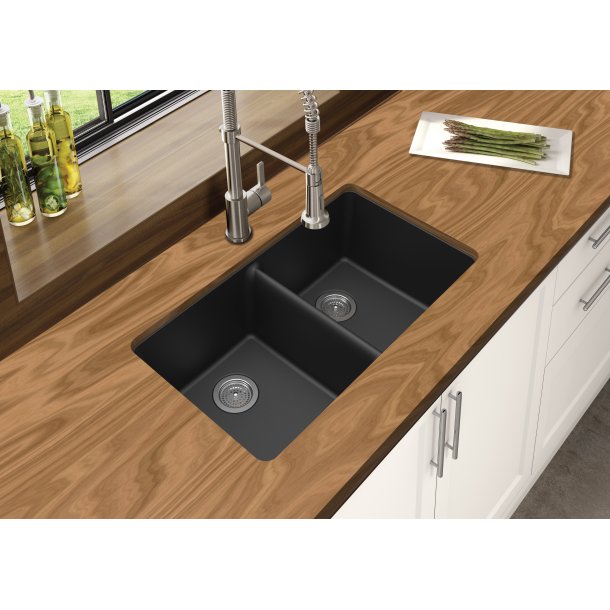 ARETE Black Granite Quartz Stone Double Kitchen Sink 838x476mm