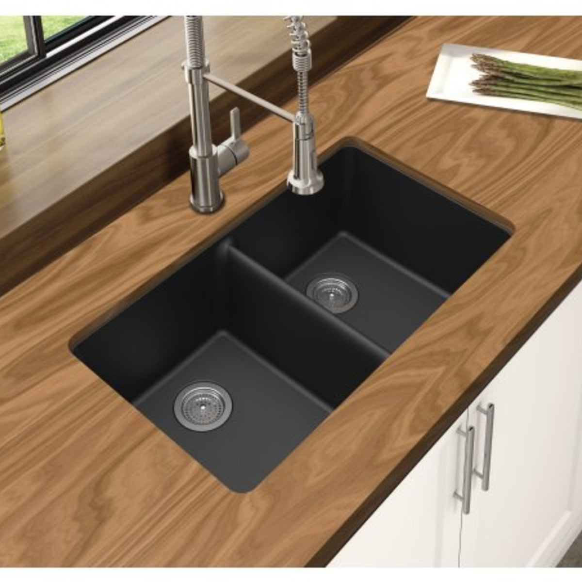 ARETE Black Granite Quartz Stone Double Kitchen Sink 838x476mm