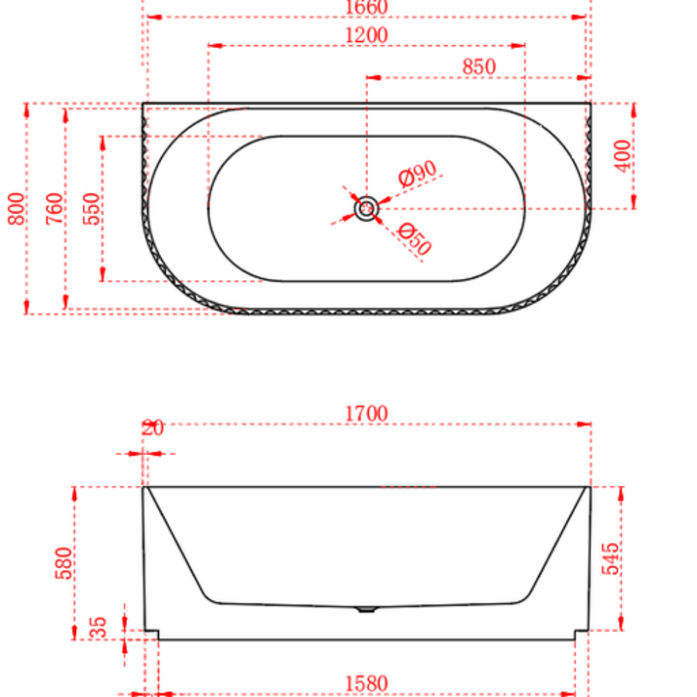 ROMA Back To Wall Bathtub 1700 Drawing