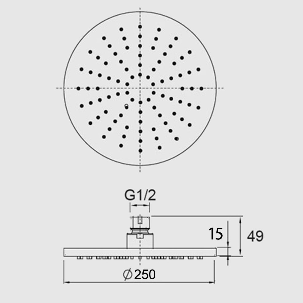 Pentro 250mm Solid Brass Round Rainfall Shower Head - Brushed Gun Metal Technical Drawing