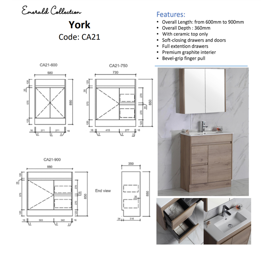 YORK Slim Freestanding Vanity Max Oak 750/900