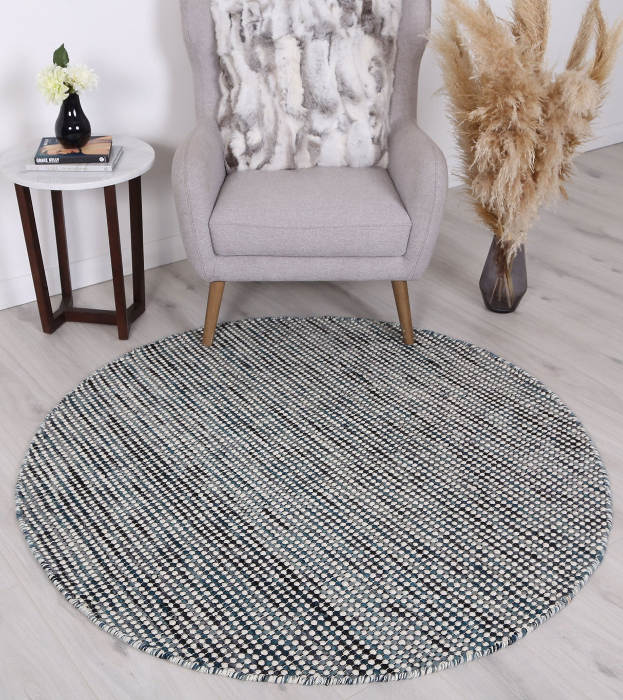 Nordic Teal Blue Reversible Wool Round Rug