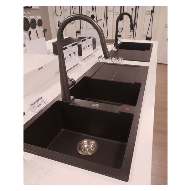 CARYSIL ENIGMA Black Granite Double Kitchen Sink with Drainboard 1160x500mm