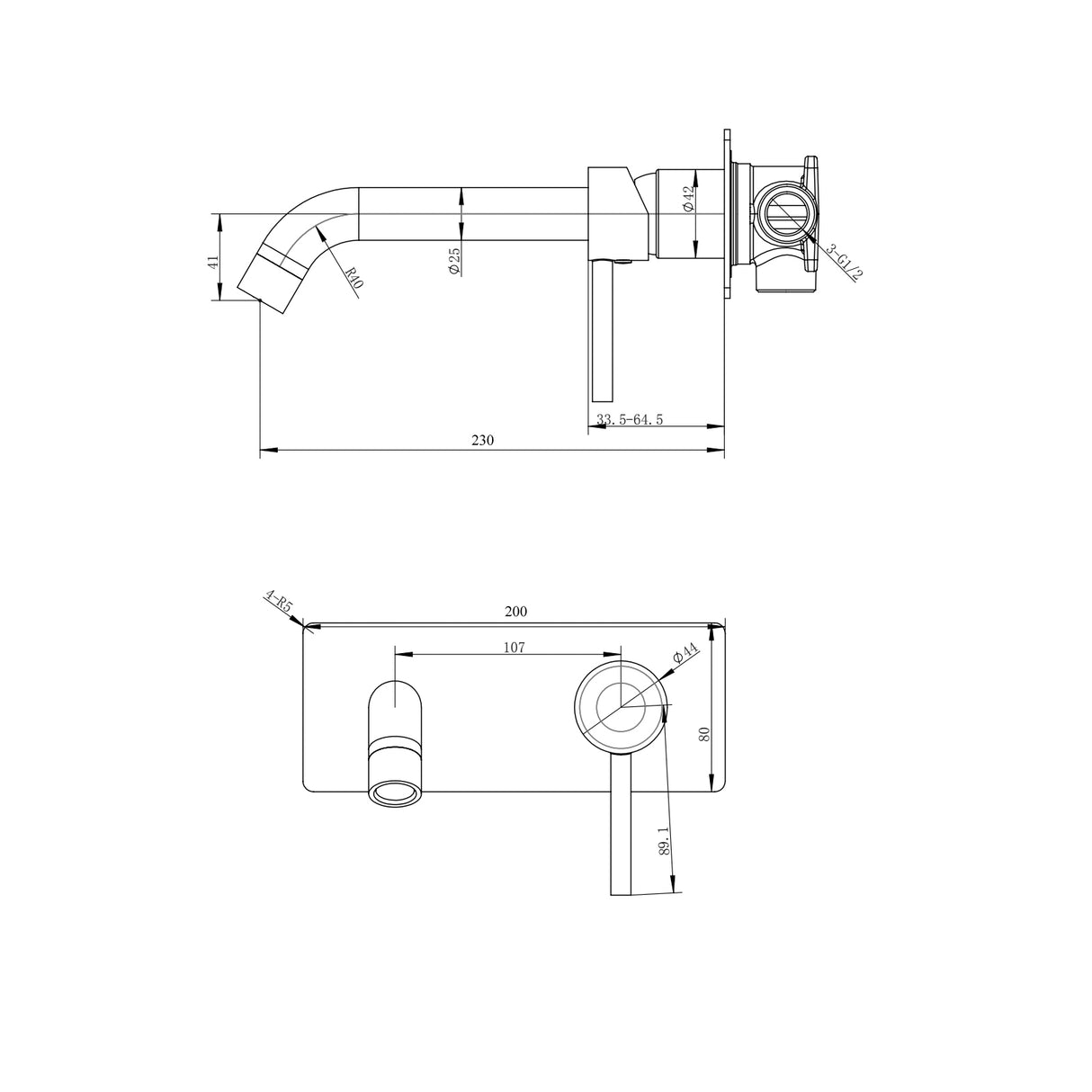 Pentro Wall Mixer With Round Spout - Brushed Brass Technical Drawing