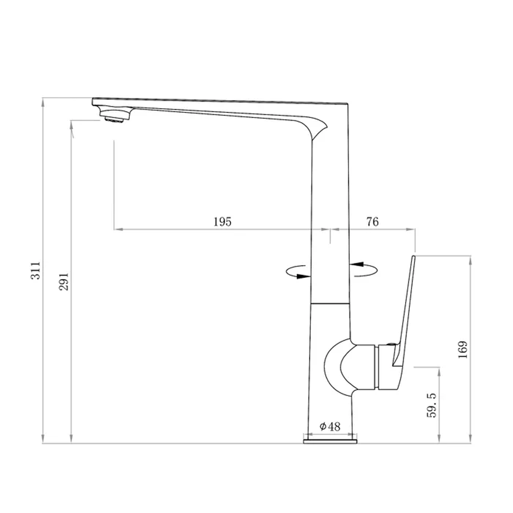ZEVIO Kitchen Sink Mixer - Brushed Gun Metal Technical Drawing