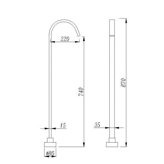 Cavallo Square Stainless Steel Freestanding Bath Spout - Chrome Technical Drawing