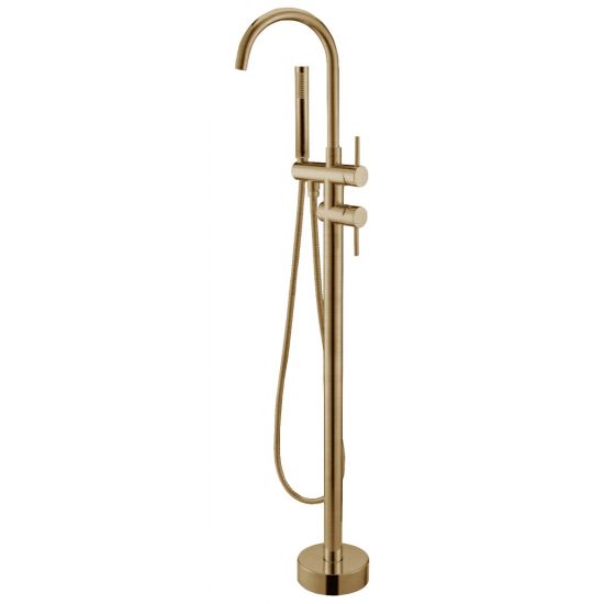 Pentro Round Freestanding Bath Mixer With Hand Held Shower - Brushed Brass