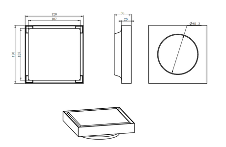 Shower Grate Floor Waste Drain Smart Insert Tile 120*120mm - Brushed Gun Metal Technical Drawing