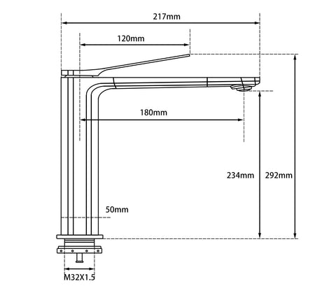 AQU RUSHY Tall Basin Mixer - Chrome Technical Drawing