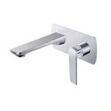 A modern wall-mounted bathroom faucet with a polished chrome finish, featuring a single-lever handle and a rectangular backplate, shown against a plain white background.