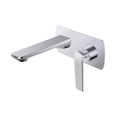A modern wall-mounted bathroom faucet with a polished chrome finish, featuring a single-lever handle and a rectangular backplate, shown against a plain white background.