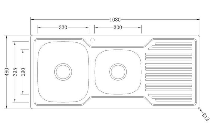 1.5 Radius Corner Kitchen Sink 8mm Steel No Taphole 1080x480x170mm-drawing