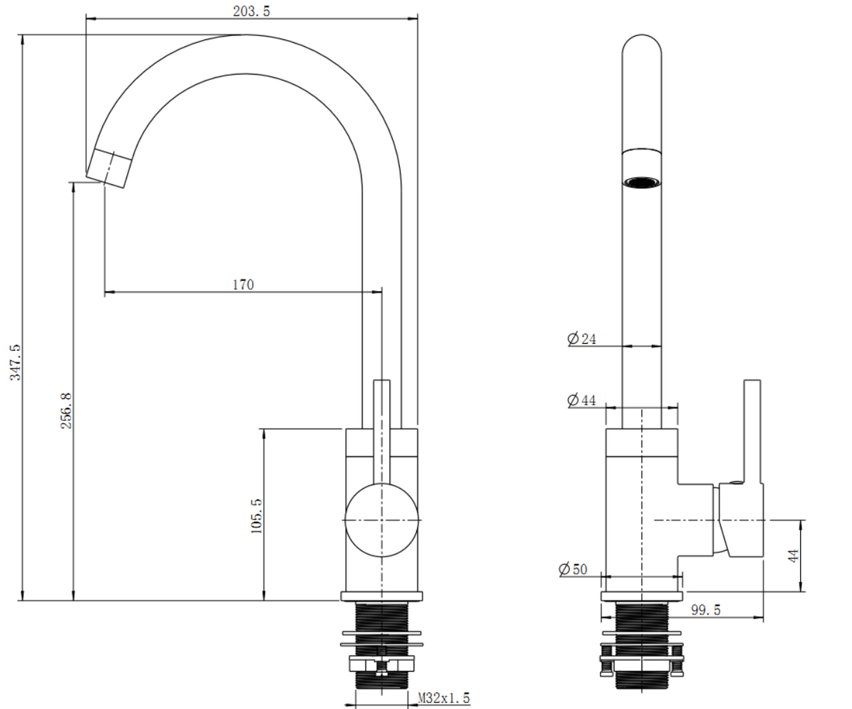 AQU Round Standard Kitchen Sink Mixer Tap - Chrome Technical Drawing
