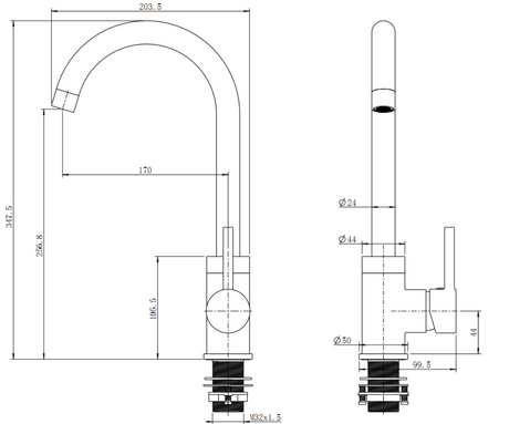 AQU Round Standard Kitchen Sink Mixer Tap - Chrome Technical Drawing