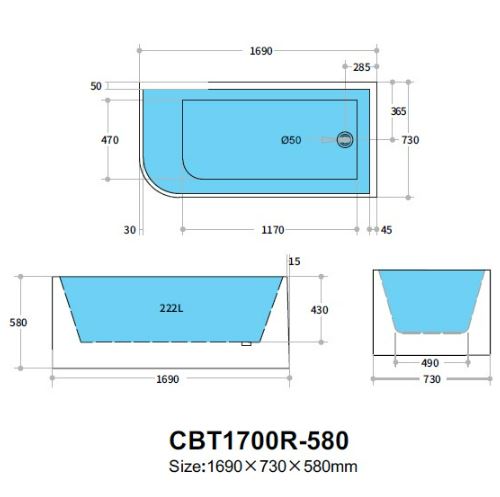 Casey Corner Back to Wall Bathtub with Non-Overflow (Right Corner/Matte White) (1500/1700mm)