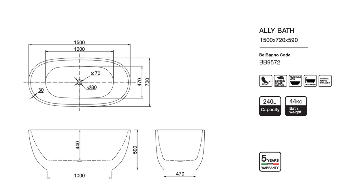 ALLY Freestanding Bathtub 1500mm/1700mm
