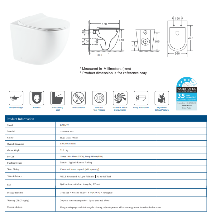 Raul99 Rimless Wall Faced Floor Toilet Pan (Gloss White)