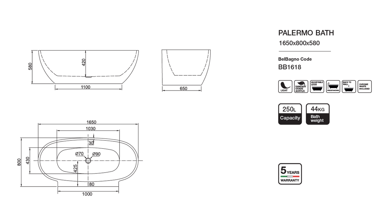 PALERMO Freestanding Bathtub Overflow 1650mm/1750mm