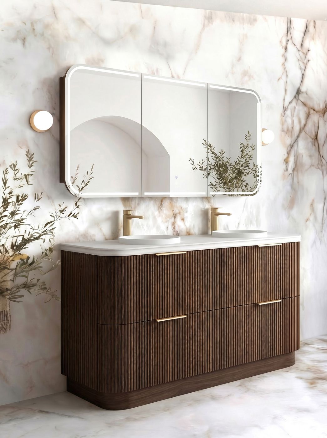 1800-HAVANA Fluted Curved Floor Standing Vanity Sable Walnu